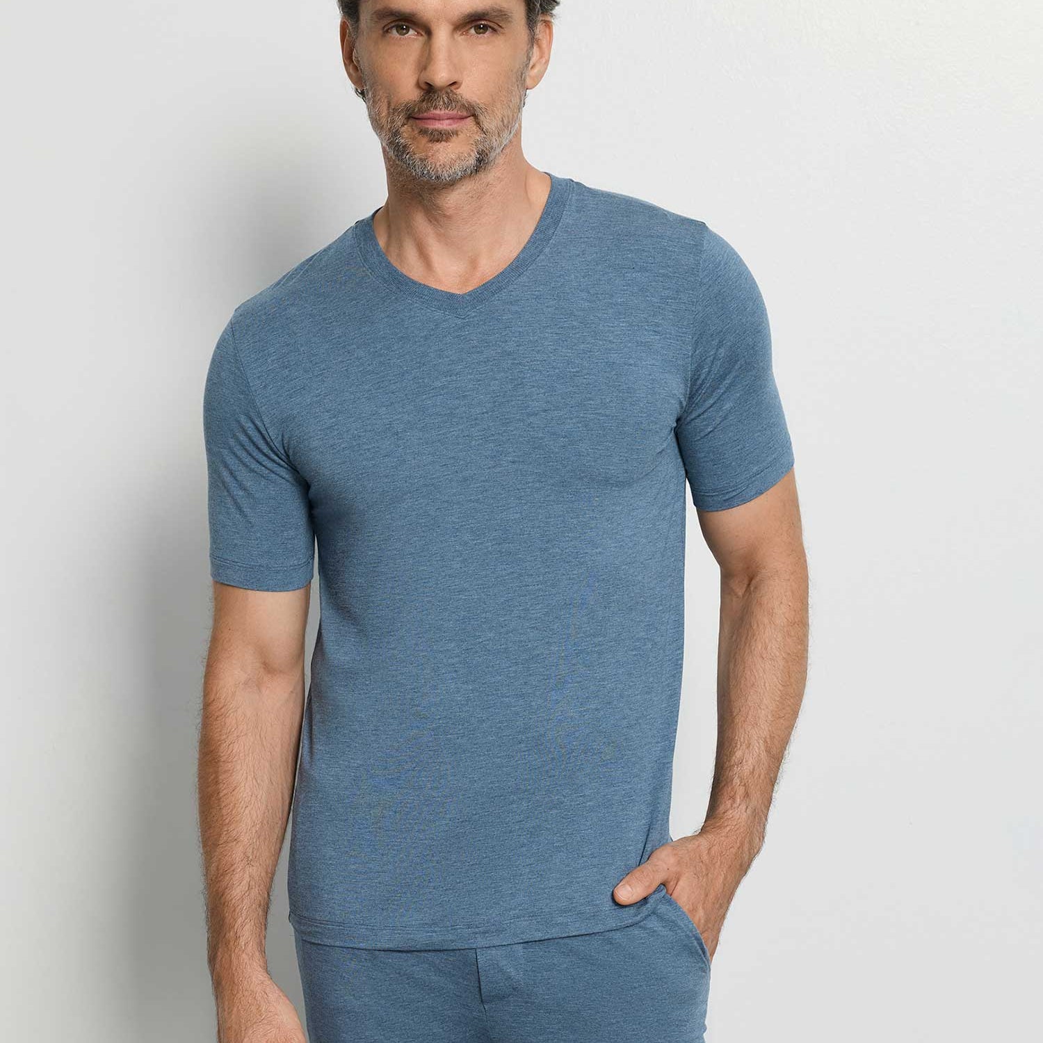 Shirt, kurzarm, V-Neck, CASUALS, in Sommer-Farbe retro blue melange