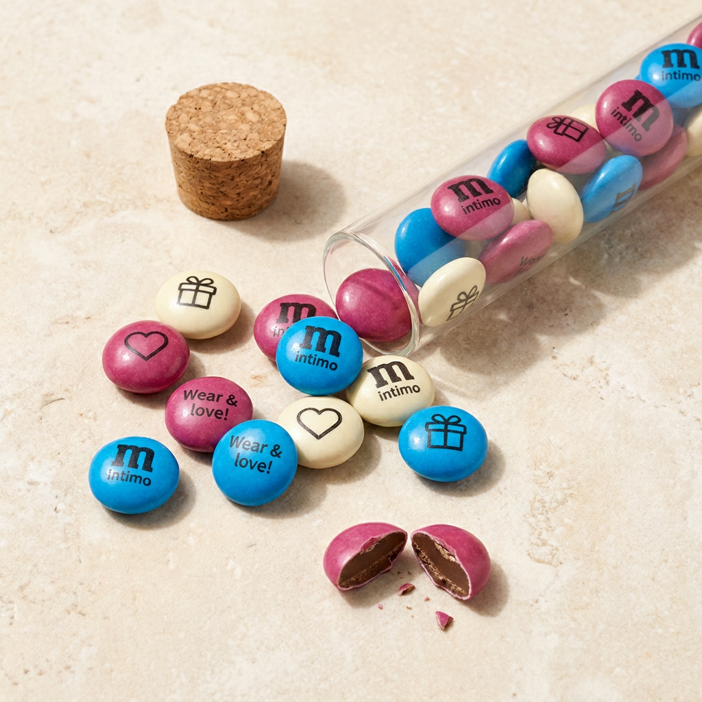 Tubo di vetro aperto contenente lenticchie di cioccolato al latte M&M'S personalizzate (senza frutta a guscio) e una vista del delicato ripieno di cioccolato.