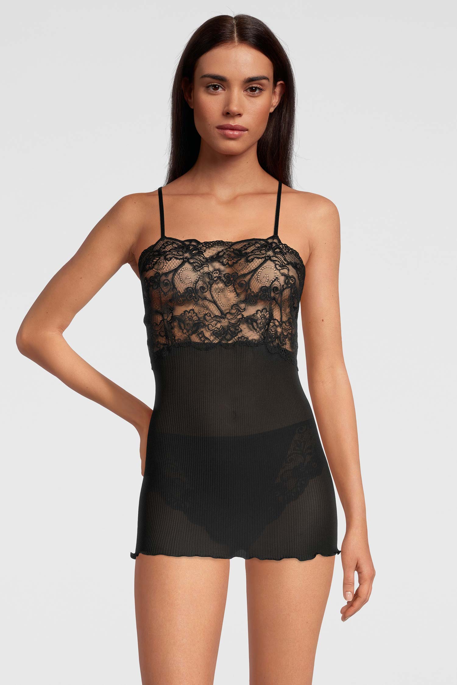 Spaghetti-Top mit Leavers-Spitze, PURE SILK